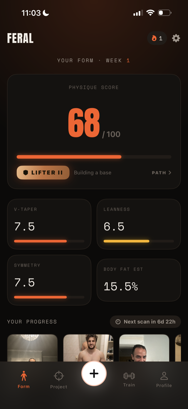 FERAL home — physique score, streak, and rank progress
