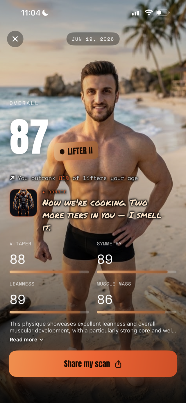 FERAL physique scan results — overall score, tier, and Ronnie's verdict